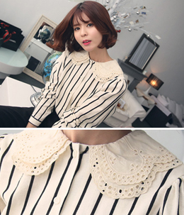 韩国女装代购新款 babirolen镂空花边领条纹衬衫（2色）