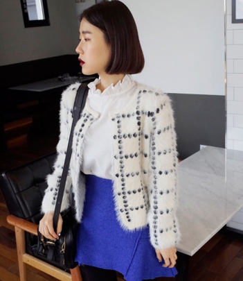 韩国正品代购 lovestar9花边装饰格纹毛绒短外套（2色）