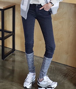 韩国女装代购 mocobling显瘦拼接袜套式小脚牛仔长裤（2色）