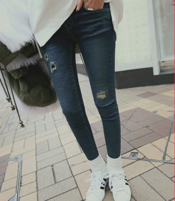 韩国服装网店代销 kongstyle街拍风磨破牛仔小脚长裤
