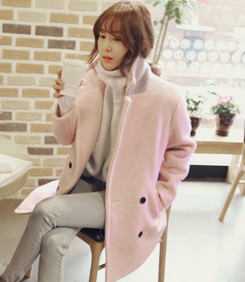 韩国服饰代购 naning9拼色领浪漫粉色中长款羊毛大衣