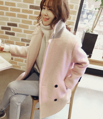 韩国服饰代购 naning9拼色领浪漫粉色中长款羊毛大衣