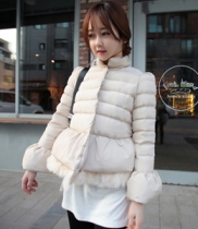 韩国女装代购2015新款 拼接兔毛花朵袖甜美小棉衣（2色）