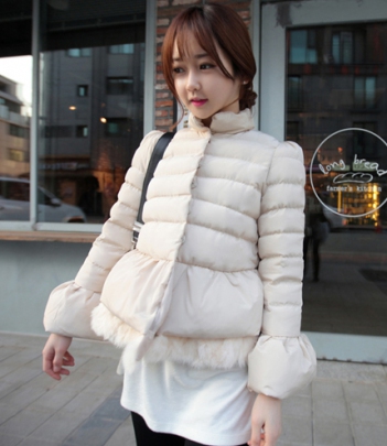 韩国女装代购2015新款 拼接兔毛花朵袖甜美小棉衣（2色）