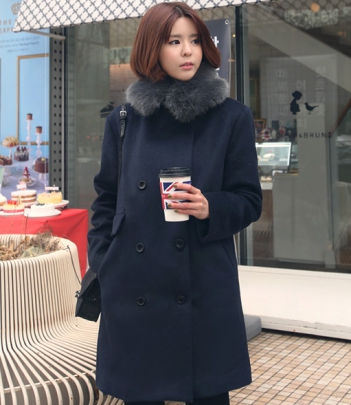 韩国女装代购 babirolen气质可拆卸毛领长款羊毛大衣（2色）