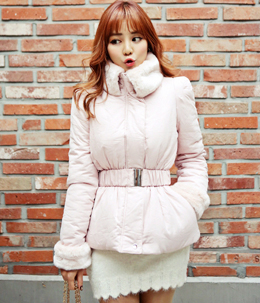 韩国女装代销 qnigirls浪漫毛领腰带收腰裙式小棉衣（3色）