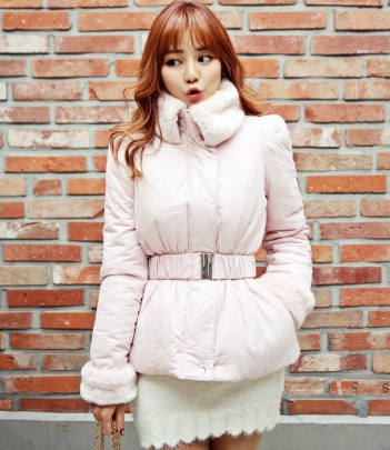 韩国女装代销 qnigirls浪漫毛领腰带收腰裙式小棉衣（3色）