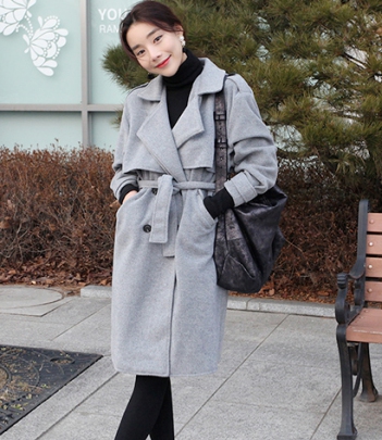 韩国女装批发 mocobling气质蝴蝶结修身长款羊毛大衣（2色）