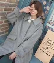 韩国女装2015新款 babirolen可爱毛球长款羊毛大衣（2色）