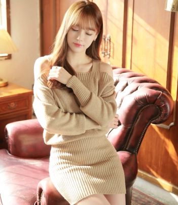 韩国女装代购 attrangs气质露肩包臀针织连衣裙（3色）