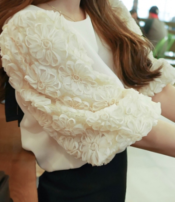 韩国女装网店代理 fiona蕾丝花朵公主袖蝴蝶结衬衫