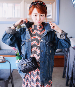 韩国女装网店代销 qnigirls街拍磨破宽松牛仔夹克衫（2色）
