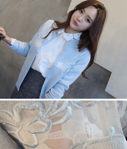 韩国女装2015春夏爆款 babirolen网纱拼接花朵针织开衫（2色）