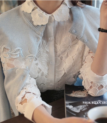 韩国服饰网店代销 babirolen浪漫镂空花朵花瓣领衬衫