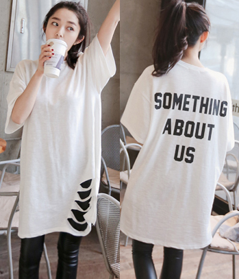 韩国品牌女装代销 11am街拍风破洞字母长款T恤（3色）