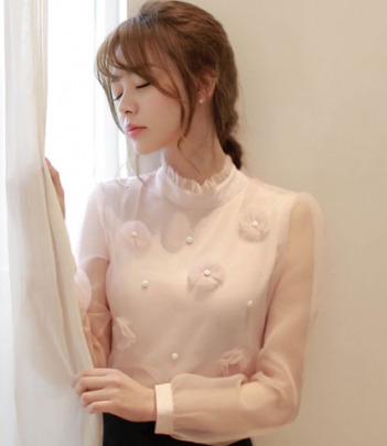 韩国代购批发 fiona梦幻珍珠花朵粉色薄纱衬衫