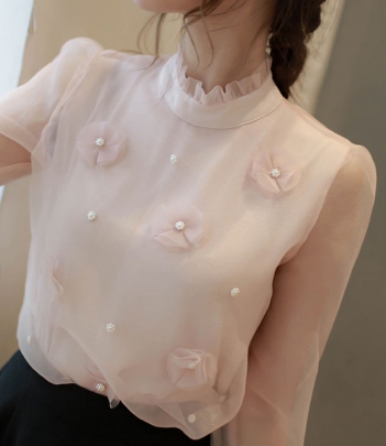 韩国代购批发 fiona梦幻珍珠花朵粉色薄纱衬衫