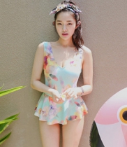 韩国服饰品牌网店代销 11am水墨式花朵裙式连体泳衣（2色）
