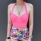 韩国女装网店代销 11am撞色花朵复古高腰款分体式泳衣（2色）
